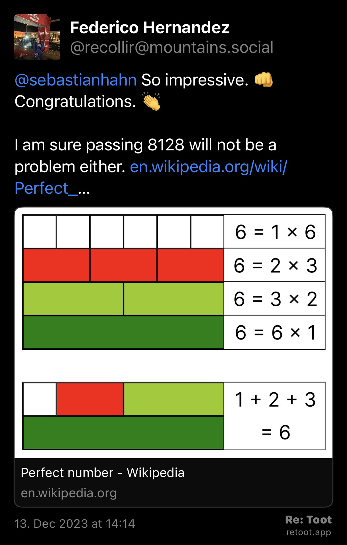 Der erste Vorschlag: Die perfekte Zahl – Wiki: Perfect Number